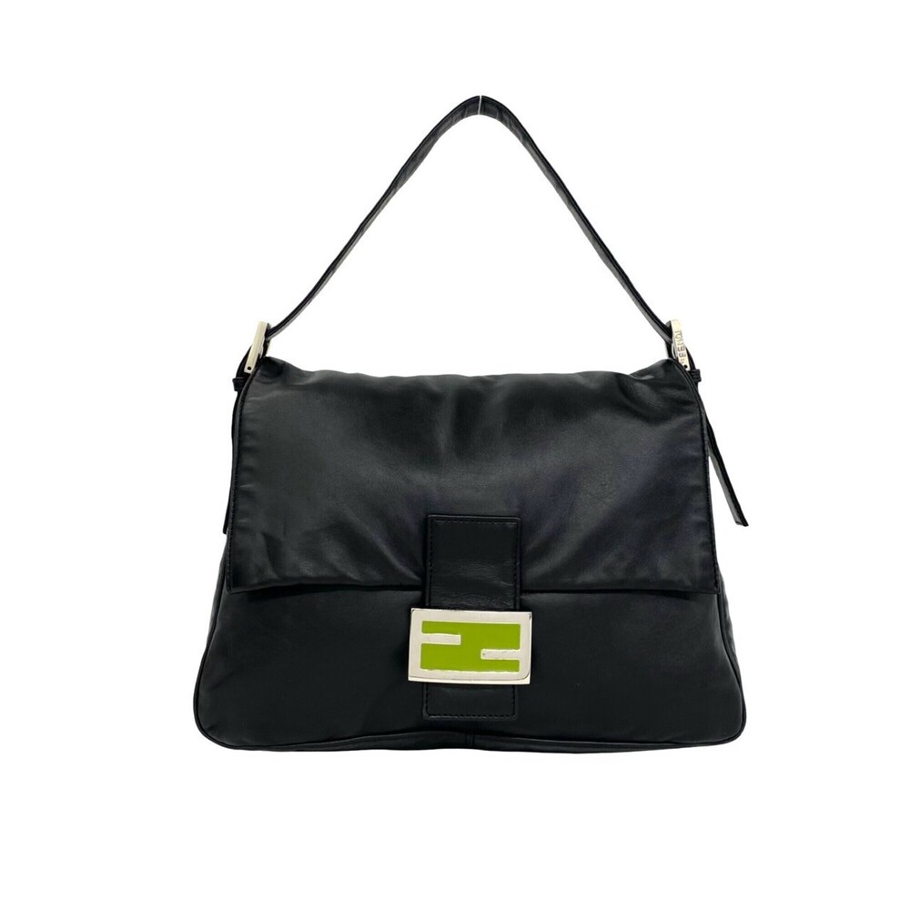 FENDI Mamma Bucket FF Logo Hardware Leather Semi-Shoulder Bag Handbag Black 1...